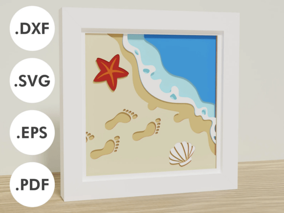 7-layer Sea and Beach Shadowbox 3D SVG with starfish and footprints