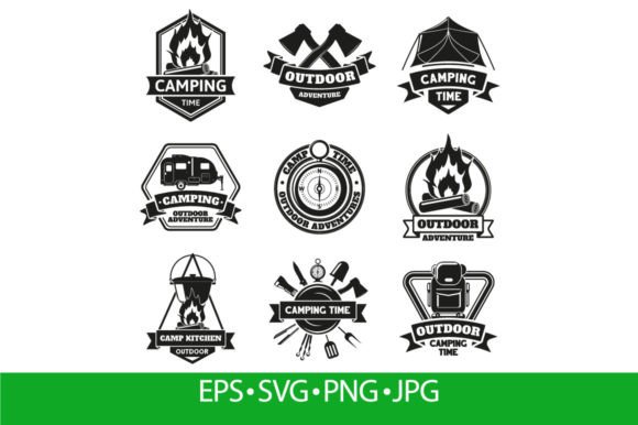 Engraved wooden camping emblems and touristic badges SVG