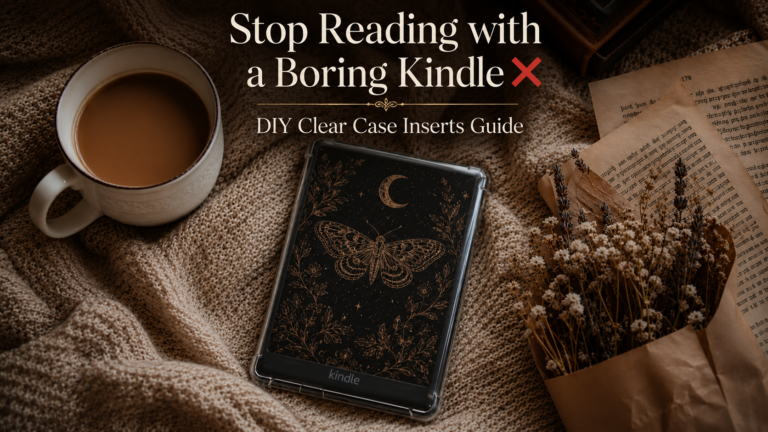 esthetic Kindle Paperwhite on a cozy beige blanket next to a coffee cup, featuring text overlay FREE Kindle Template and 10 Aesthetic Designs.