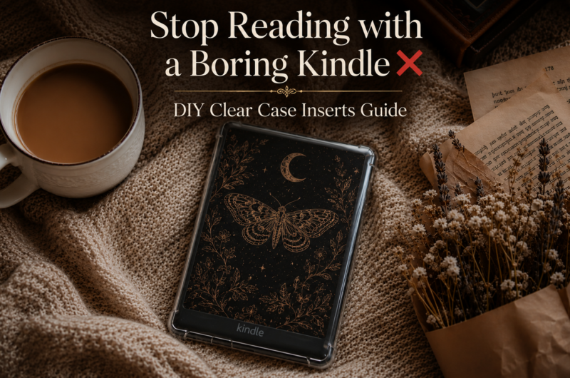 esthetic Kindle Paperwhite on a cozy beige blanket next to a coffee cup, featuring text overlay FREE Kindle Template and 10 Aesthetic Designs.