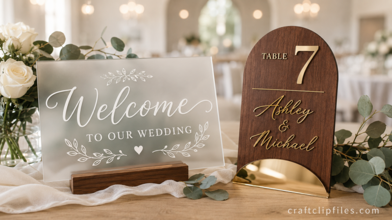 Modern laser cut acrylic wedding welcome sign with gold easel and white roses decor