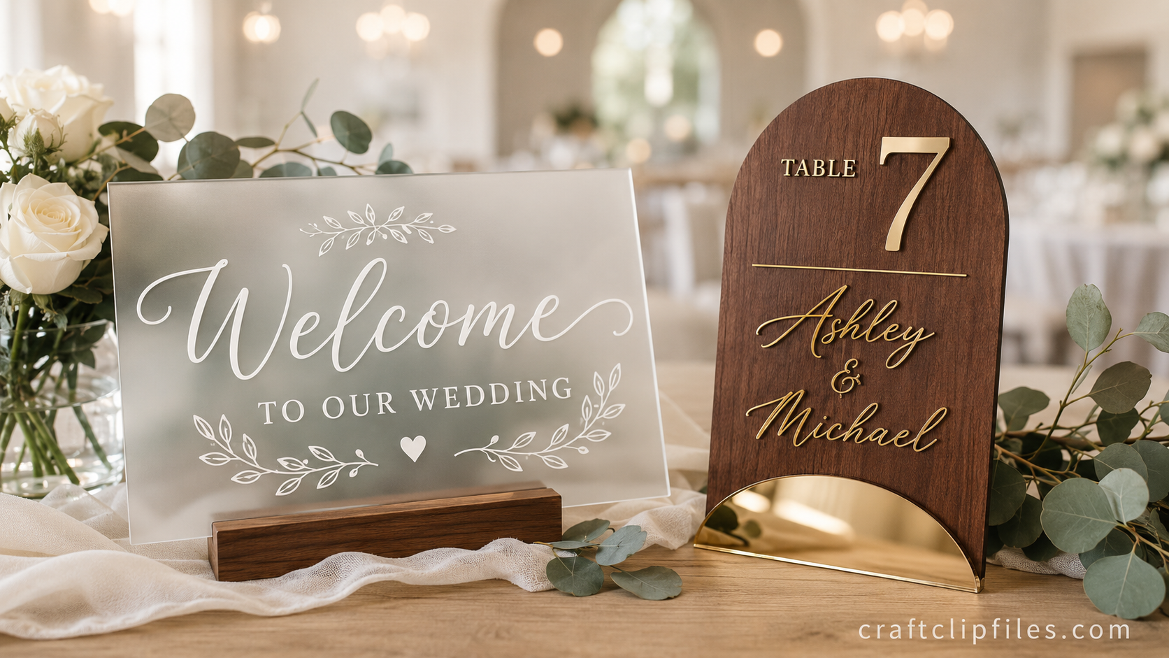 Modern laser cut acrylic wedding welcome sign with gold easel and white roses decor
