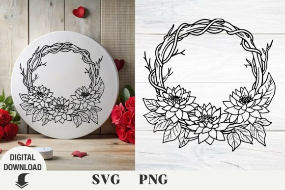 Floral wreath wedding monogram SVG for personalized laser engraving
