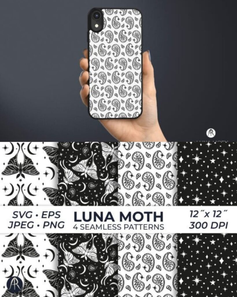 Dark academia style Kindle clear case insert design featuring celestial moon phases and vintage mystical illustrations